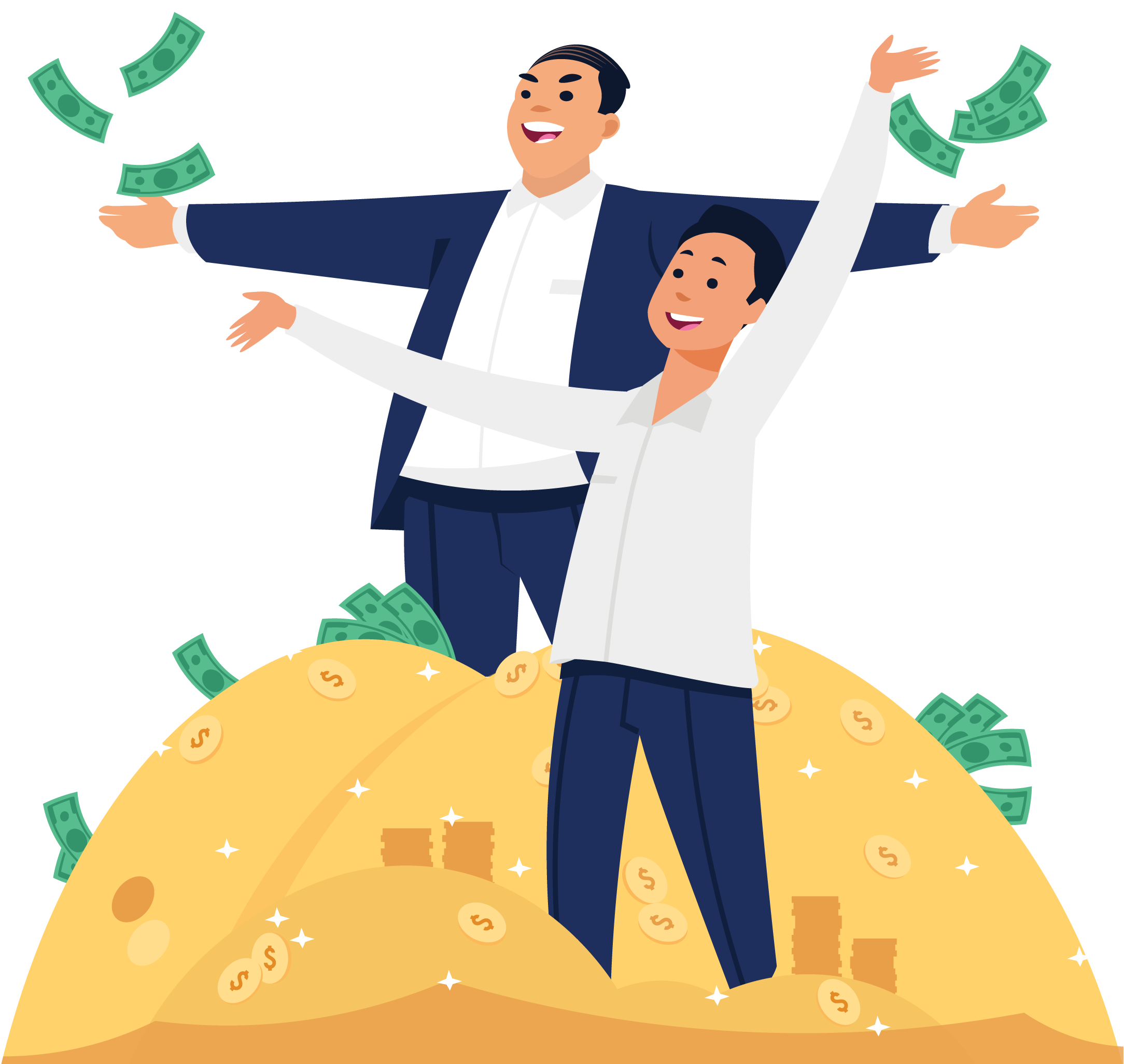 Two men in pile of money graphic